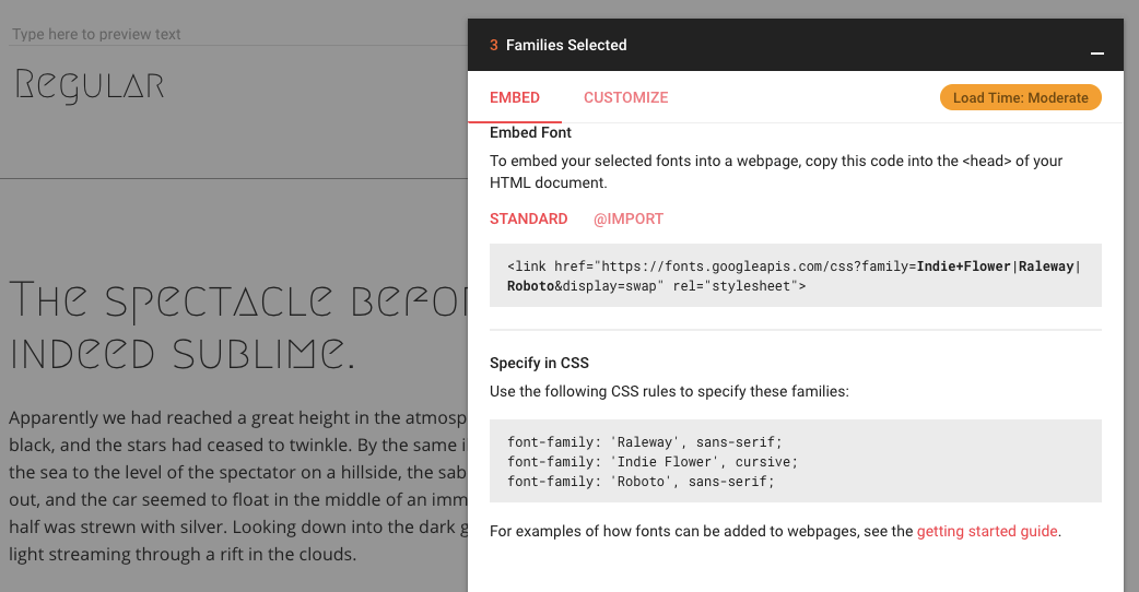 Detalle de cómo copiar el código de una fuente en Google Fonts