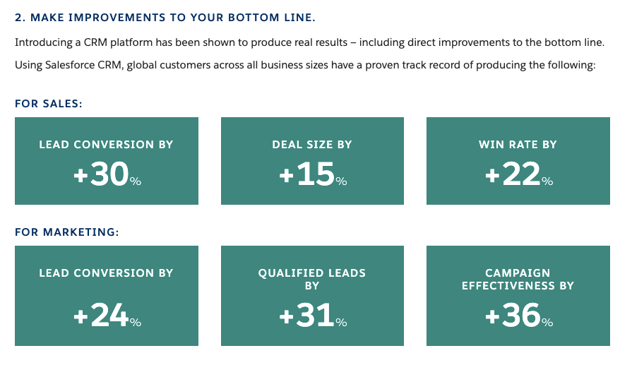 Ejemplo de redacción de contenidos SEO de Salesforce: estadísticas visuales enlazadas a landing pages