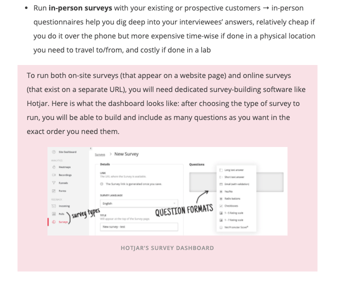 Ejemplo de redacción SEO de contenidos de Hotjar: información destacada visualmente