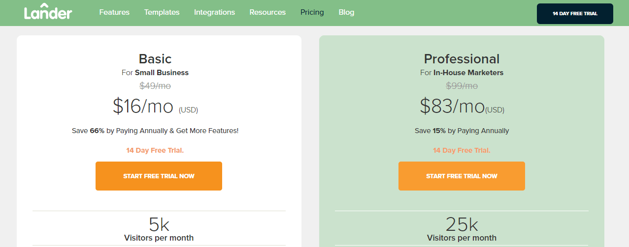 screenshot of lander pricing